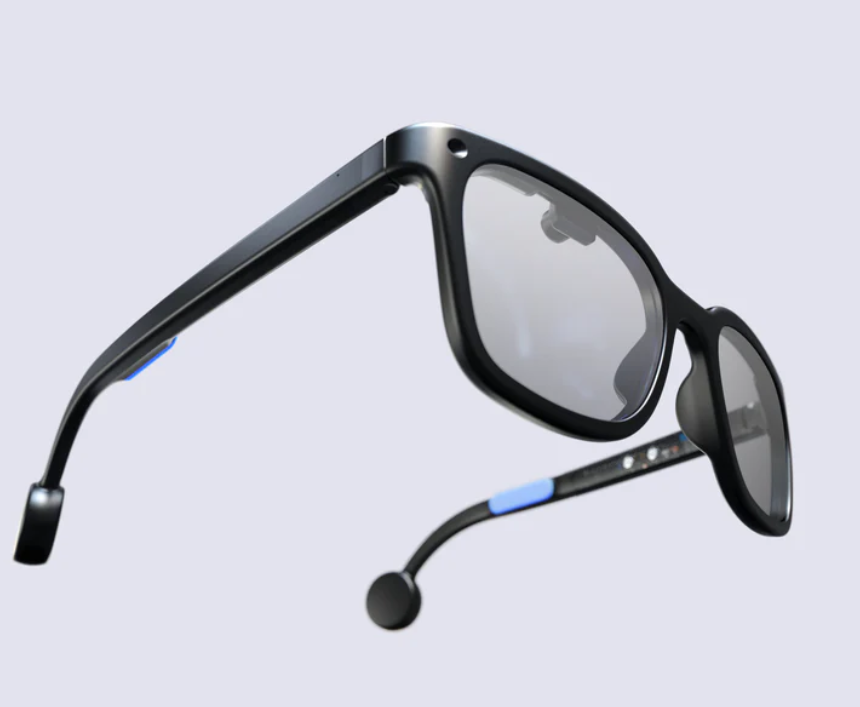 Brilliant Labs Frame open-source AI smart glasses with microOLED display and side-mounted camera, product photograph