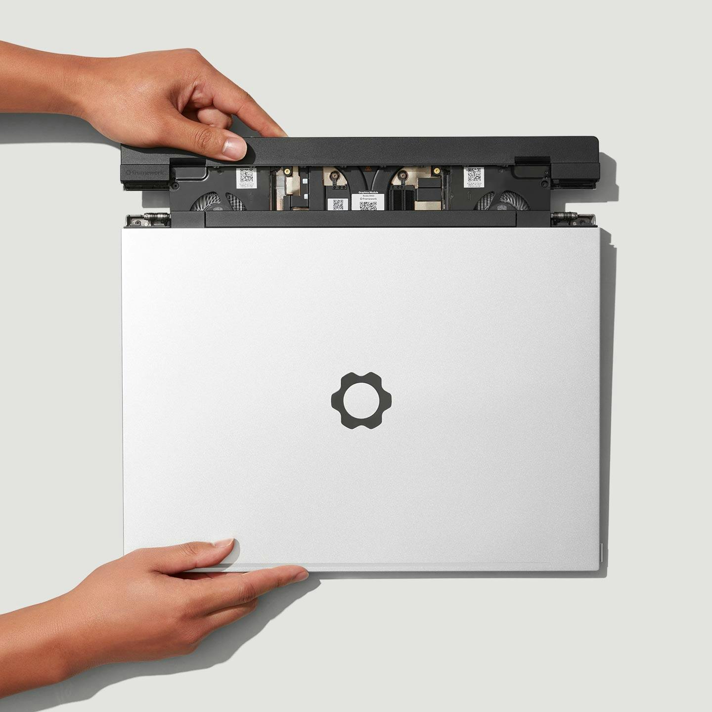 Framework Laptop 16 with RTX 5070 graphics module, product photograph