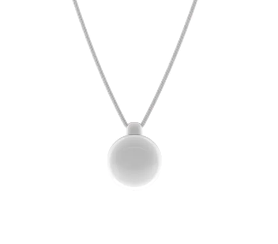 Friend AI companion pendant, a white spherical wearable on a grey cord necklace, product photograph